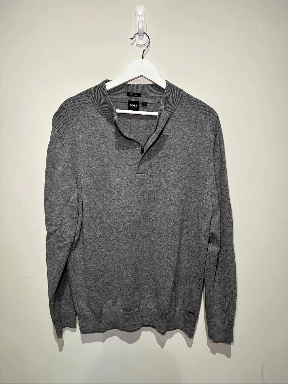 BOSS Gray Cotton Quarter-Zip Sweater Size Medium